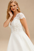 Rutipo Ivory Plus Size A-Line V-Neck Short Sleeves Sweep Train Lace/Satin Wedding Dresses