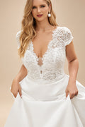 Rutipo Ivory Plus Size A-Line V-Neck Short Sleeves Sweep Train Lace/Satin Wedding Dresses
