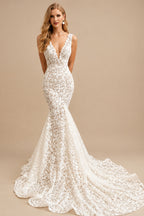 Rutipo Ivory Trumpet/Mermaid V-Neck Sleeveless Court Train Lace Wedding Dresses