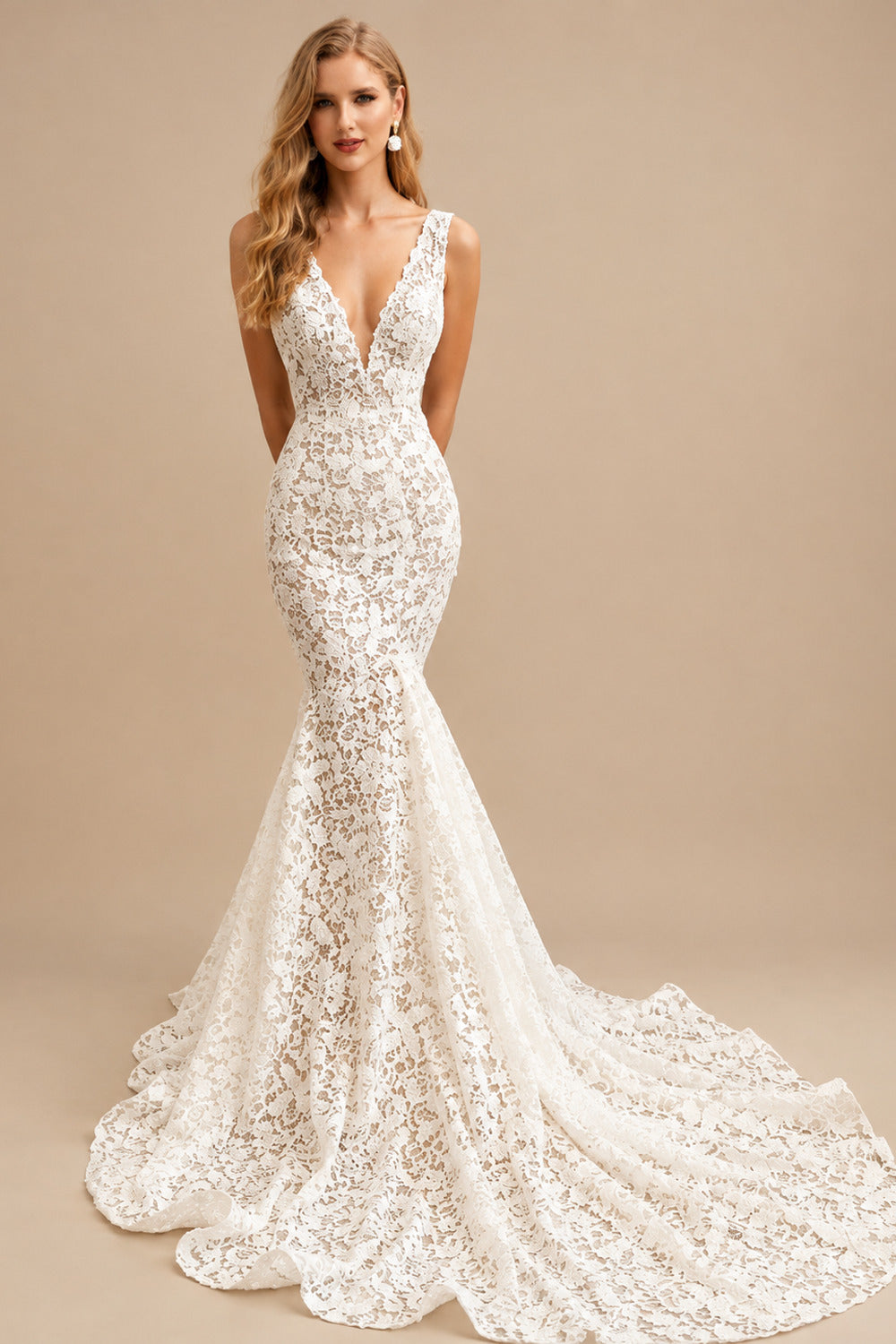 Rutipo Ivory Trumpet/Mermaid V-Neck Sleeveless Court Train Lace Wedding Dresses