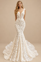 Rutipo Ivory Trumpet/Mermaid V-Neck Sleeveless Court Train Lace Wedding Dresses