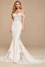 Rutipo Ivory Trumpet/Mermaid Off-The-Shoulder Lace/Elastic Satin Wedding Dresses