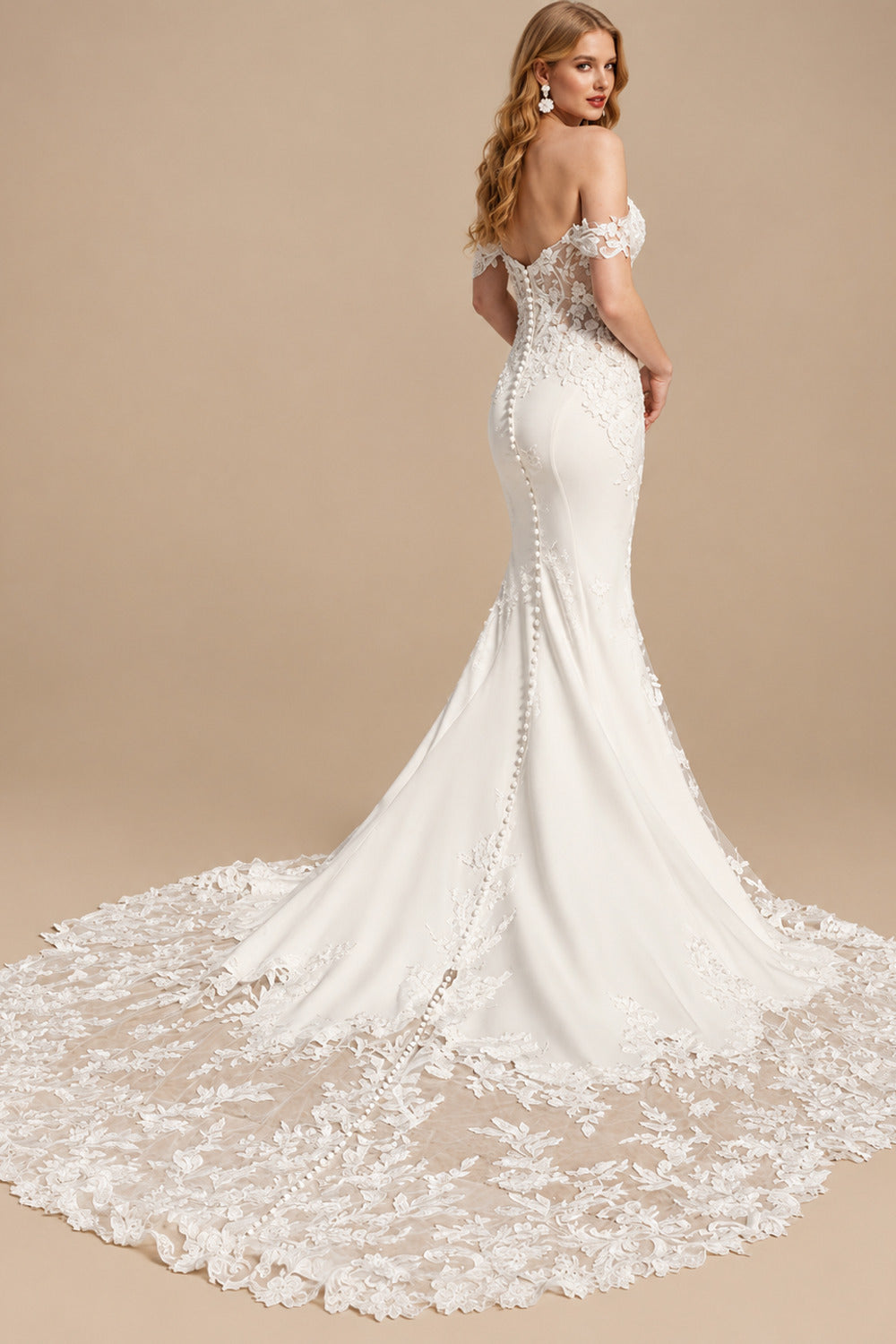 Rutipo Ivory Trumpet/Mermaid Off-The-Shoulder Lace/Elastic Satin Wedding Dresses