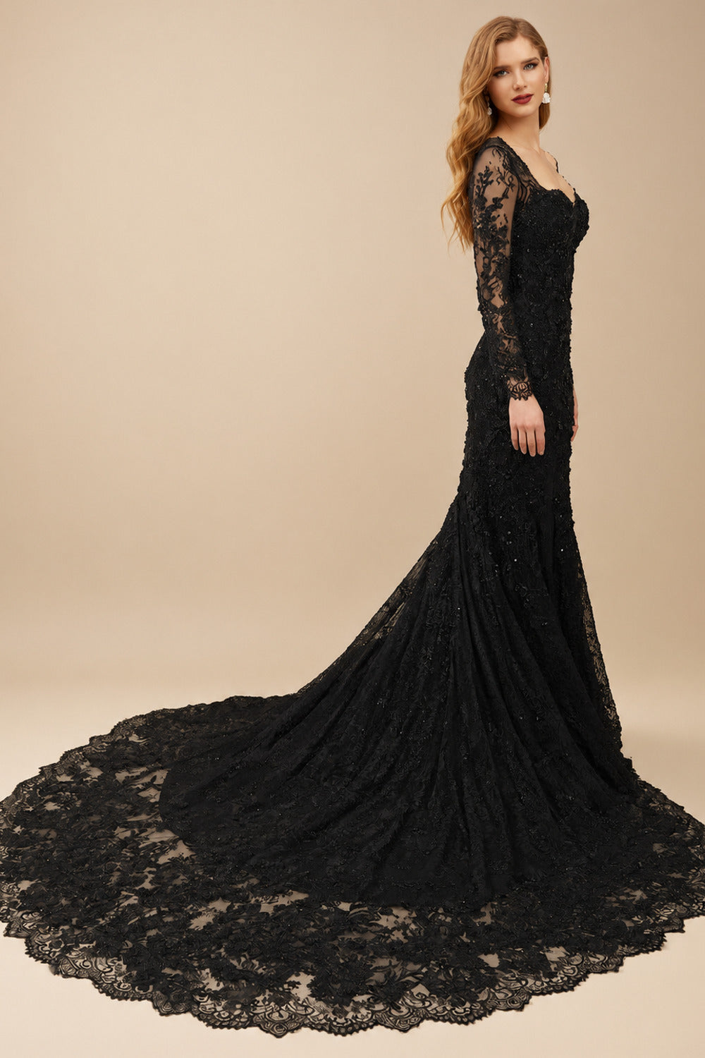 Rutipo Black Trumpet/Mermaid Sweetheart Long Sleeves Black Lace Wedding Dresses