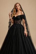 Rutipo Black Ball-Gown Off-The-Shoulder Short Sleeves Lace/Tulle Wedding Dresses