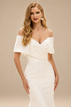 Rutipo Ivory Off-The-Shoulder Sleeveless Sweep Train Charmeuse Wedding Dresses
