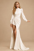 Rutipo Ivory High Neck Long Sleeves Asymmetrical Silk Like Satin Wedding Dresses With Split Front