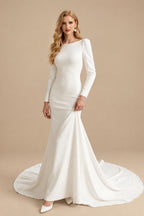 Rutipo Ivory Mermaid Scoop Neck Long Sleeves Court Train Elastic Satin Wedding Dresses