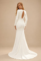 Rutipo Ivory Sheath V-Neck Long Sleeves Court Train Elastic Satin Wedding Dresses With Split Front