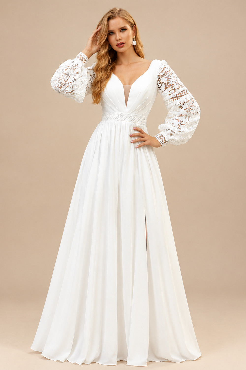 Rutipo Ivory A-Line V-Neck Long Sleeves Sweep Train Chiffon/Lace Wedding Dresses