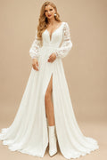 Rutipo Ivory A-Line V-Neck Long Sleeves Sweep Train Chiffon/Lace Wedding Dresses