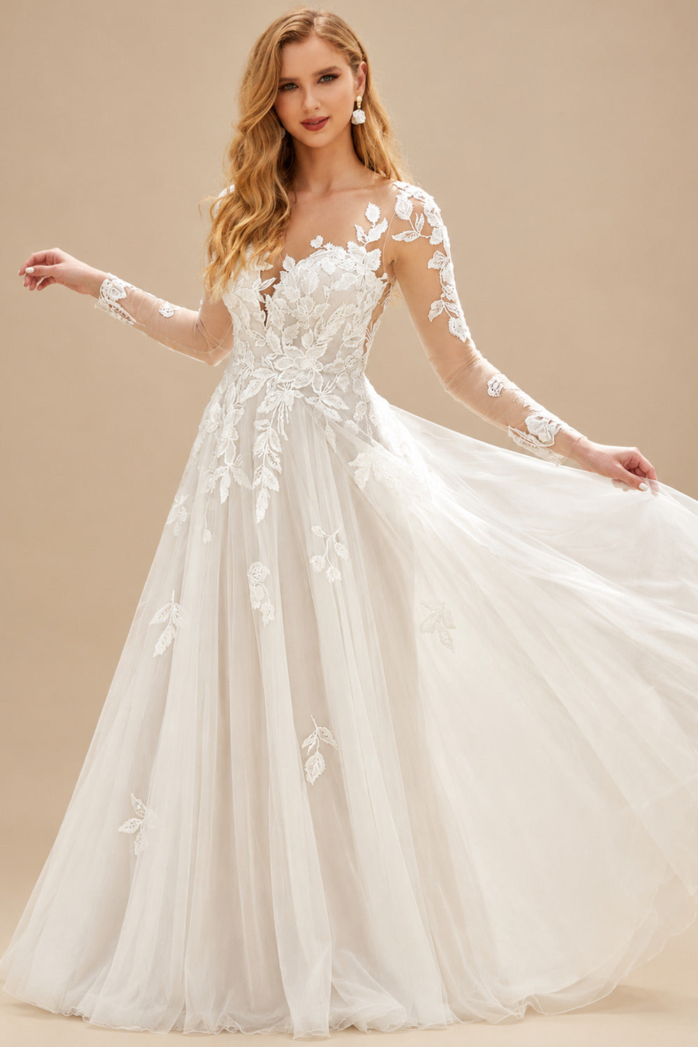 Rutipo Ivory A-Line Illusion Neck Long Sleeves Sweep Train Lace Wedding Dresses