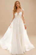 Rutipo Ivory A-Line Illusion Neck Long Sleeves Sweep Train Lace Wedding Dresses