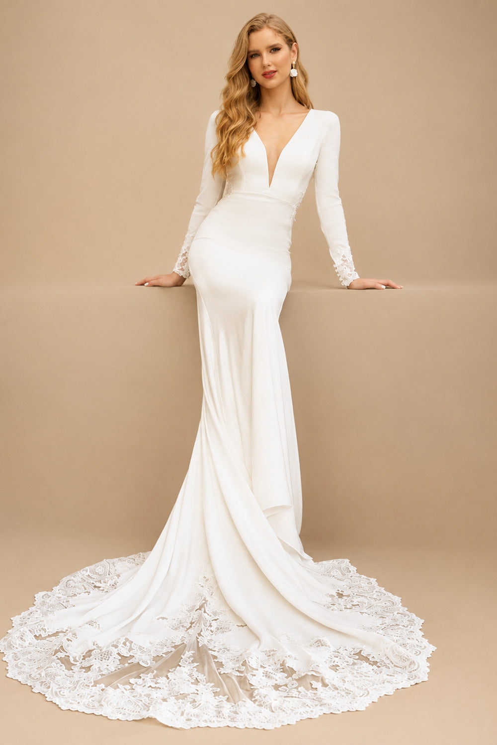 Rutipo Ivory Trumpet/Mermaid Long Sleeves Lace/Elastic Satin Wedding Dresses