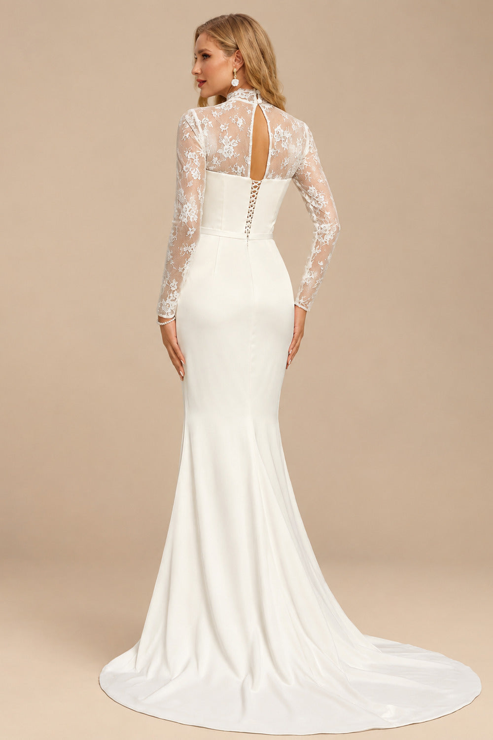 Rutipo Ivory High Neck Lace Long Sleeves Satin Wedding Dresses
