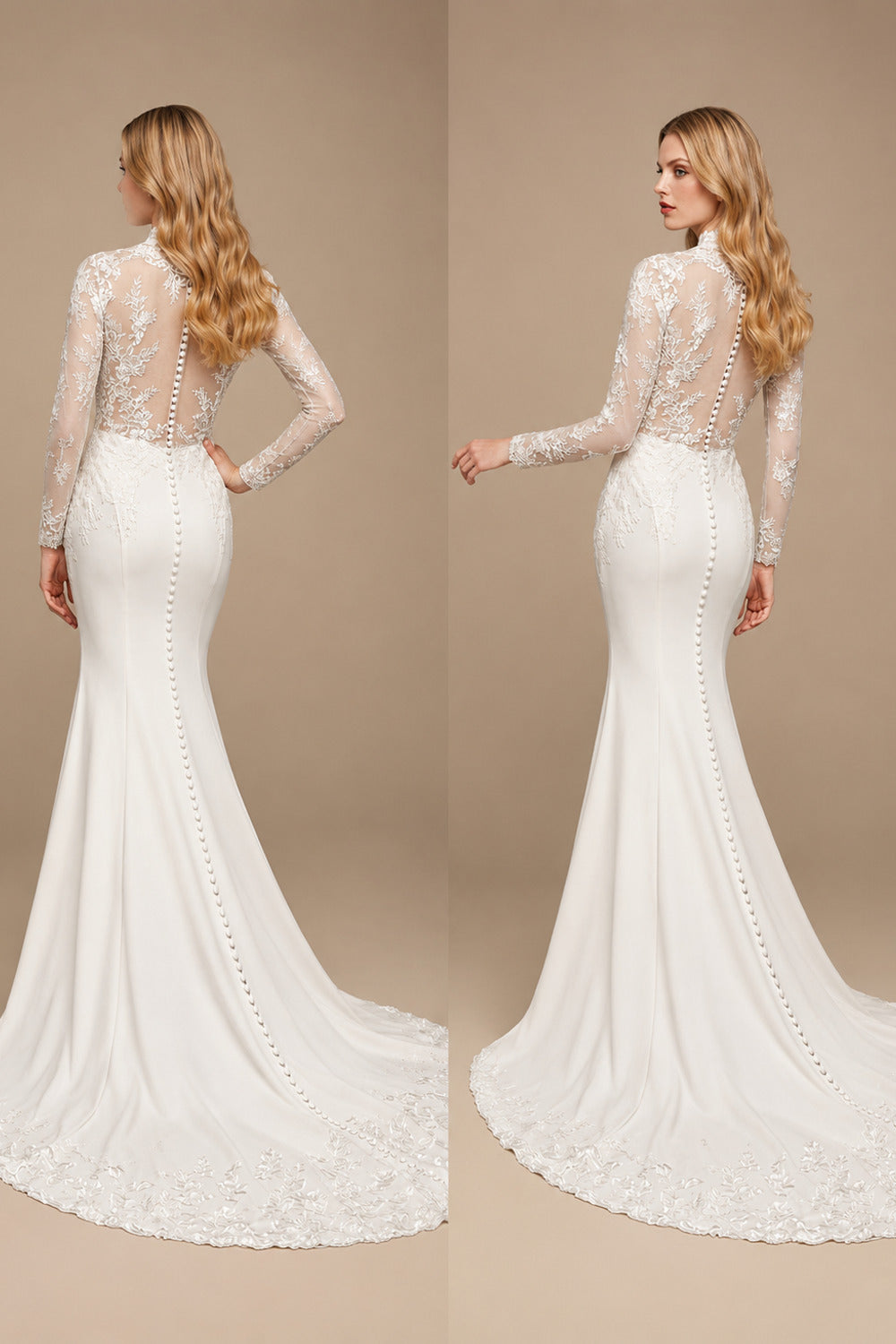 Rutipo Ivory Trumpet/Mermaid V-Neck Long Sleeves Wedding Dresses With Appliques Lace