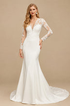 Rutipo Ivory Trumpet/Mermaid V-Neck Long Sleeves Wedding Dresses With Appliques Lace