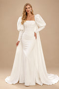 Rutipo Ivory Sheath/Column Square Neckline Long Sleeves Sweep Train Wedding Dresses