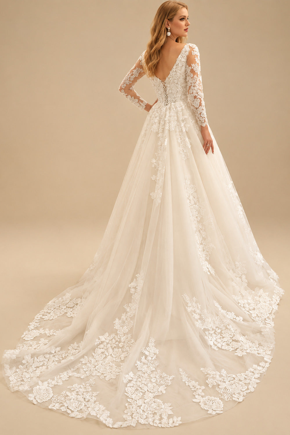 Rutipo As Picture Luxury Lace V-Neck Long Sleeves A-Line Wedding Dresses