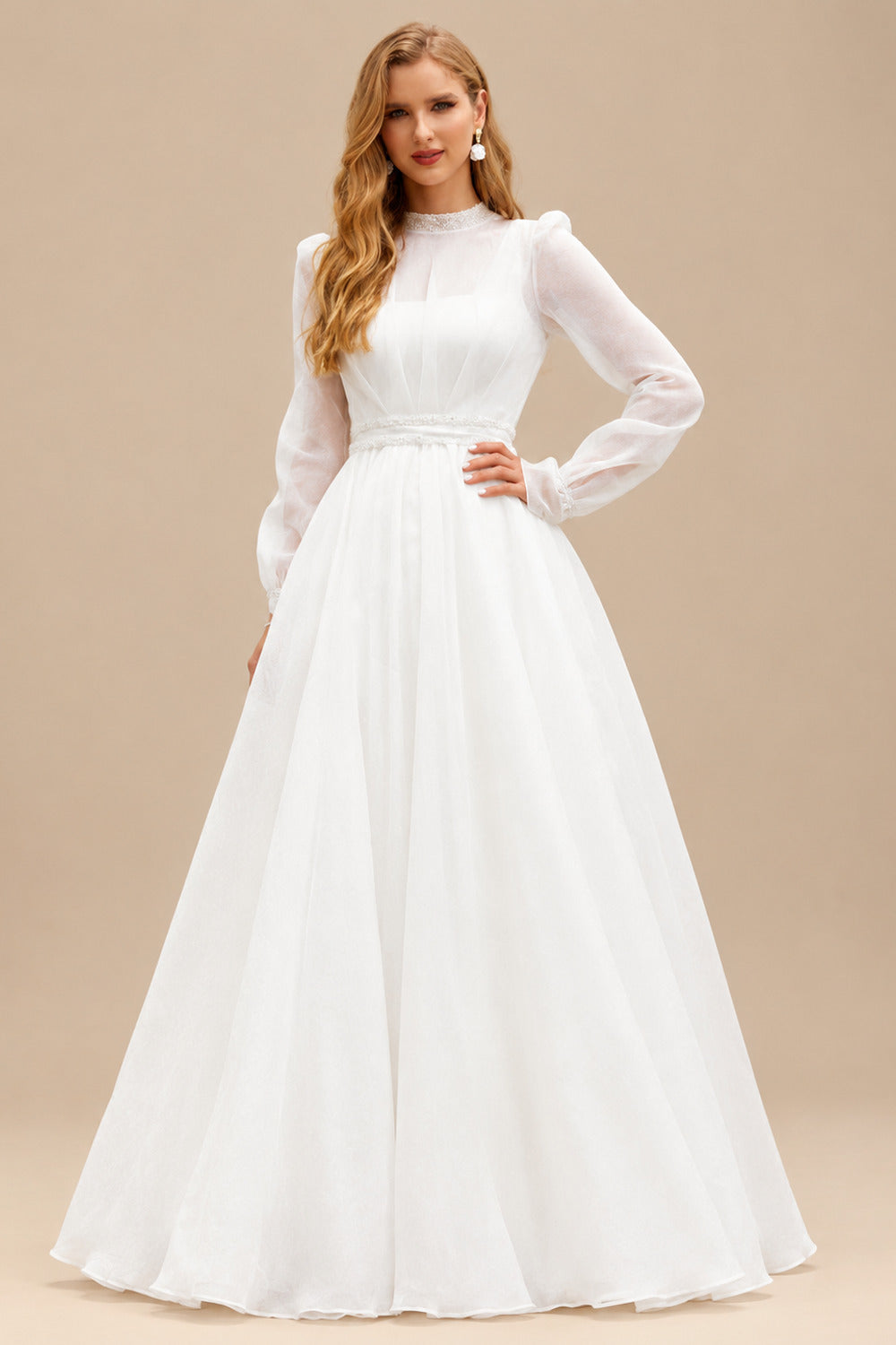 Rutipo Ivory High Neck Long Sleeves A-Line Wedding Dresses