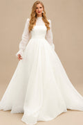 Rutipo Ivory High Neck Long Sleeves A-Line Wedding Dresses