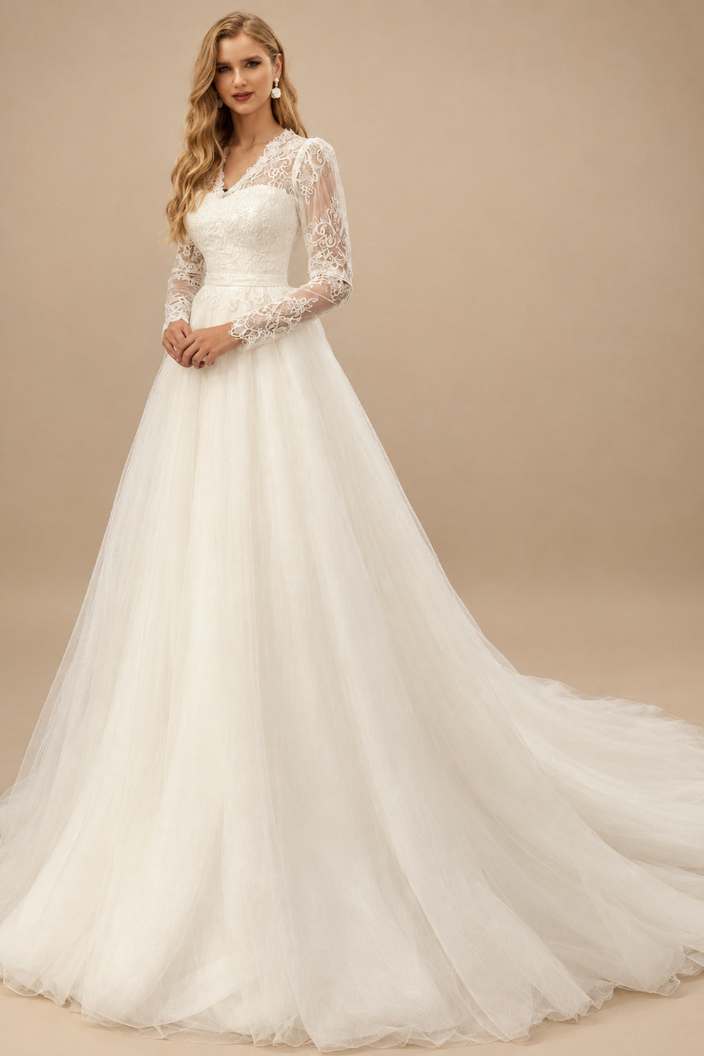 Rutipo Ivory V-Neck Long Sleeves Ball-Gown Wedding Dresses