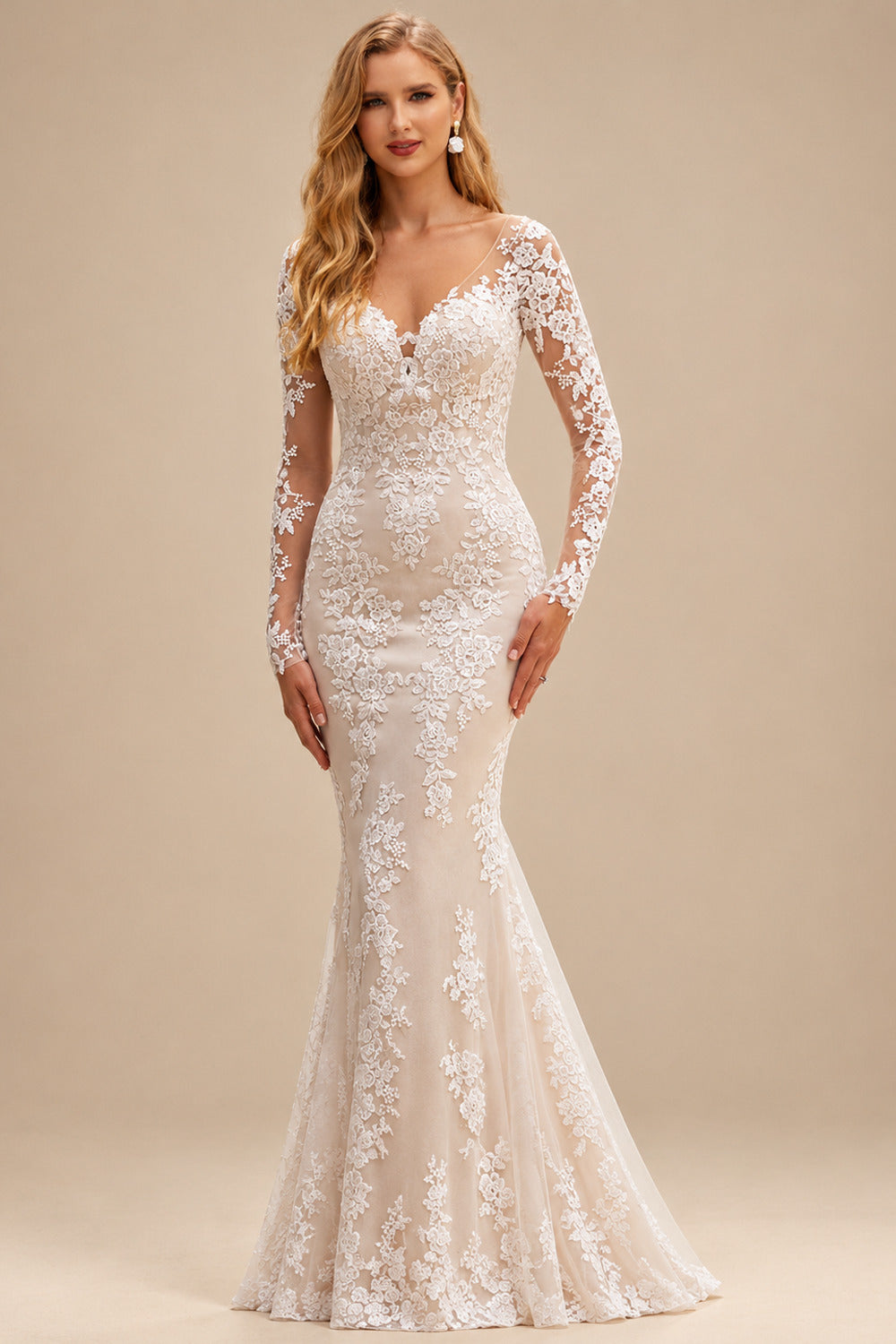 Rutipo As Picture Trumpet/Mermaid V-Neck Long Sleeves Tulle Wedding Dresses With Appliques Lace