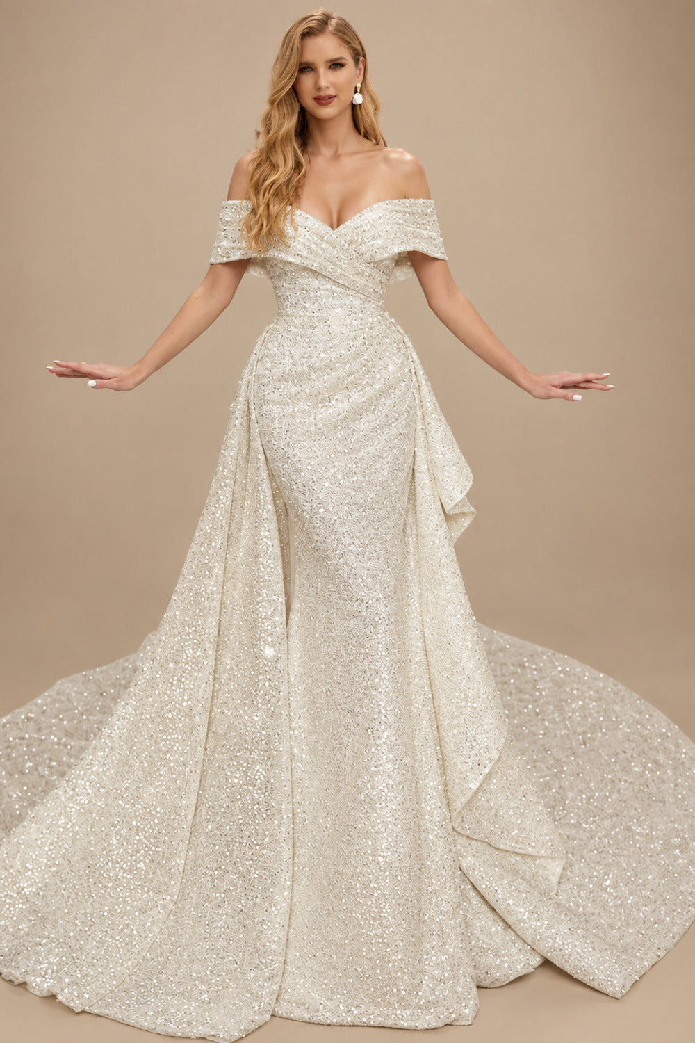 Rutipo Ivory Off-The-Shoulder Sleeveless Court Train Sequined Wedding Dresses