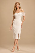 Rutipo Ivory Sheath/Column Off-The-Shoulder Sleeveless Tea-Length Wedding Dresses