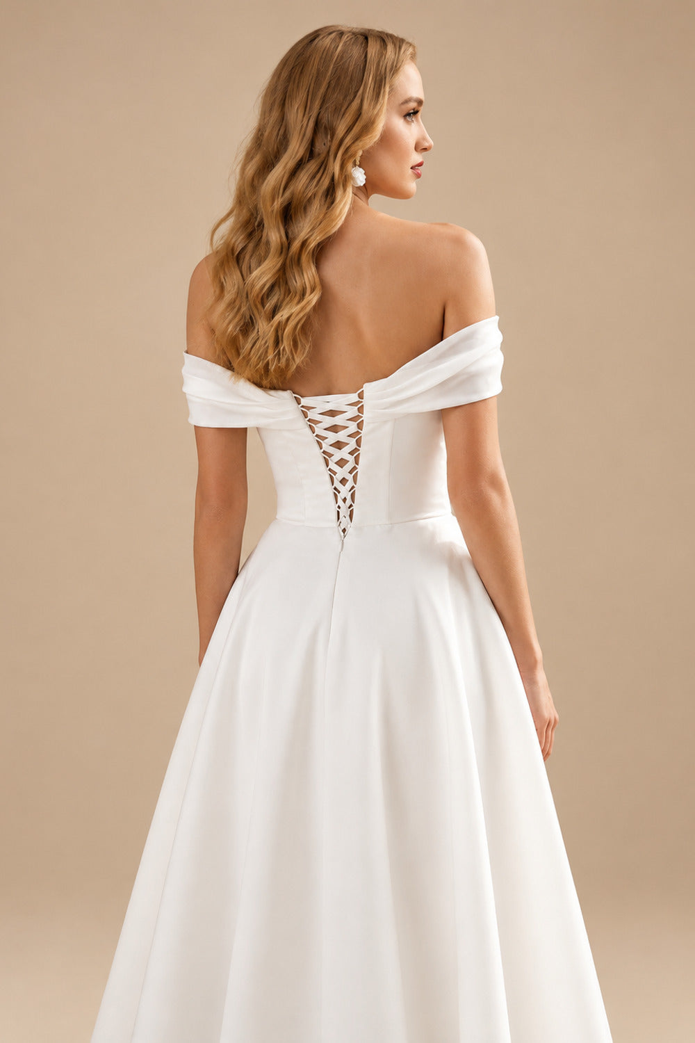 Rutipo Ivory A-Line Off-The-Shoulder Sleeveless Tea-Length Organza Wedding Dresses