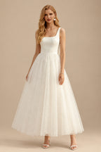 Rutipo Ivory Ball-Gown Square Neckline Sleeveless Tulle Wedding Dresses With Bow(s)