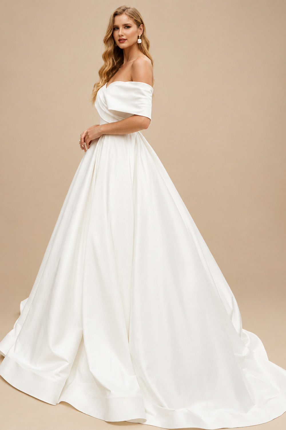 Rutipo Ivory Ball-Gown Off-The-Shoulder Sleeveless Sweep Train Satin Wedding Dresses