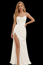 Rutipo Ivory Sheath/Column Cowl Neck Sleeveless Silk Like Satin Wedding Dresses With High Split