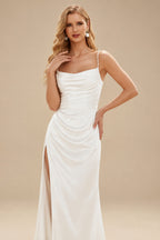 Rutipo Ivory Sheath/Column Cowl Neck Sleeveless Silk Like Satin Wedding Dresses With High Split