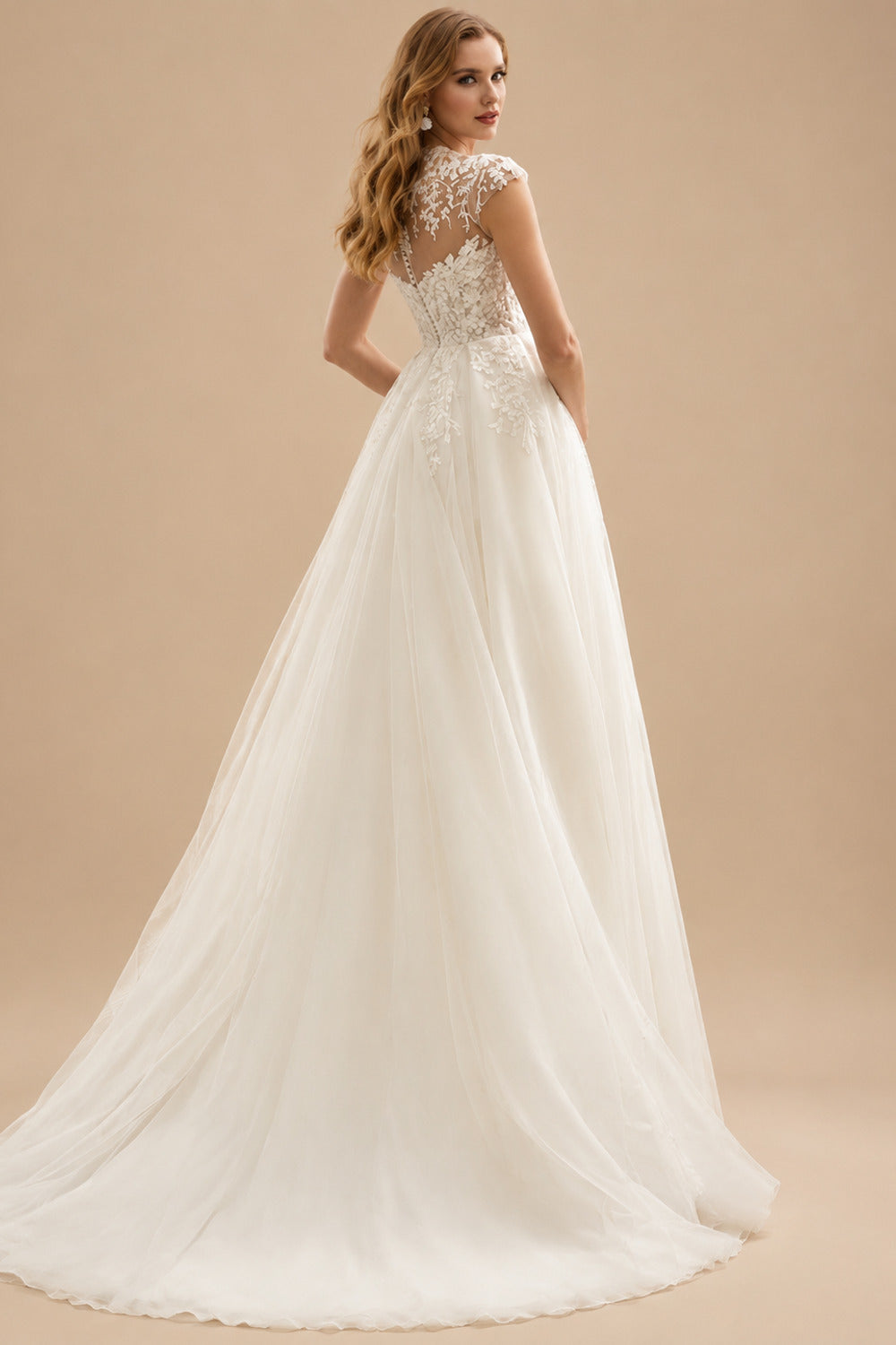 Rutipo Ivory A-Line Illusion Neck Short Sleeves Tulle Wedding Dresses With High Split