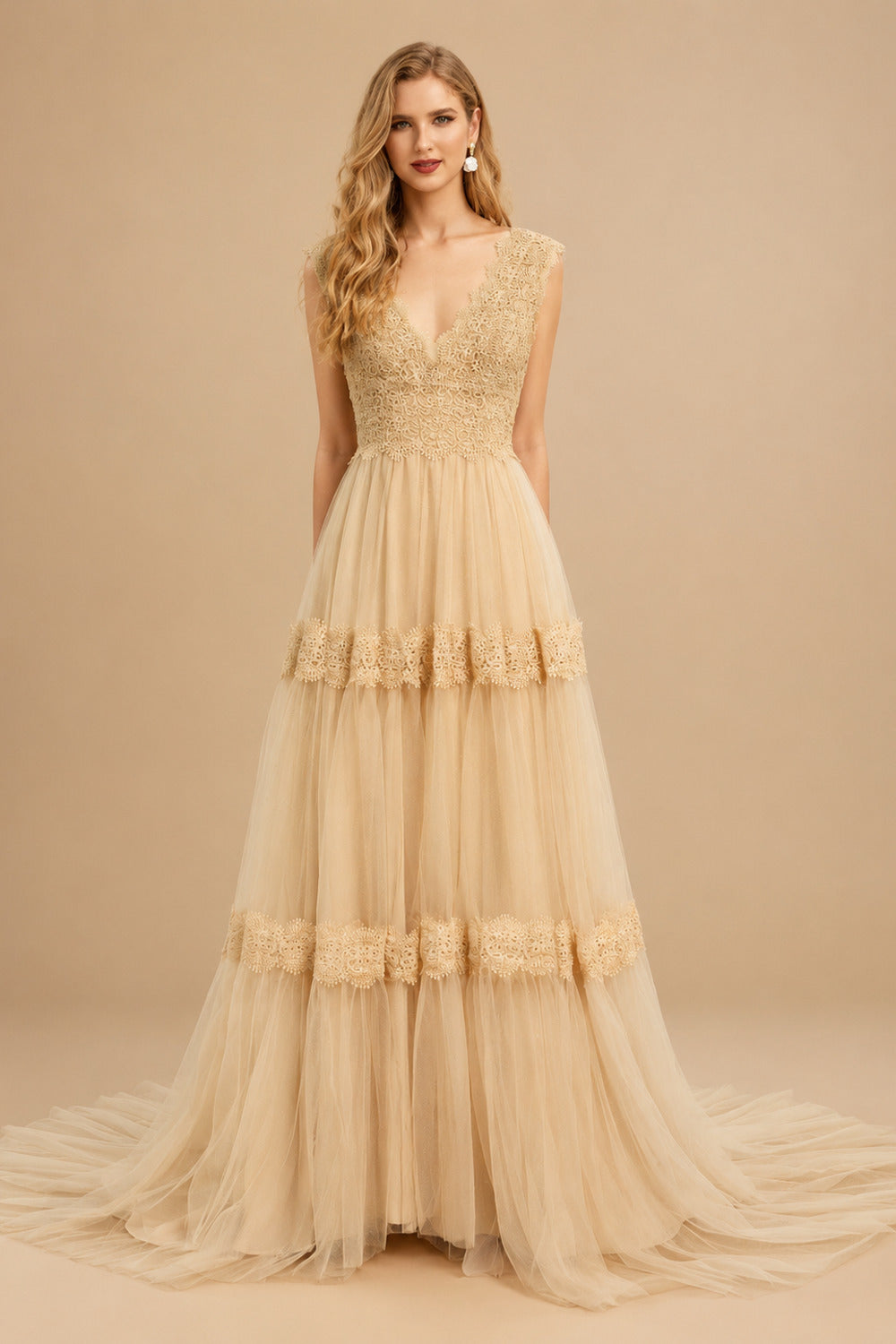 Rutipo Champagne A-Line V-Neck Sleeveless Sweep Train Lace Wedding Dresses