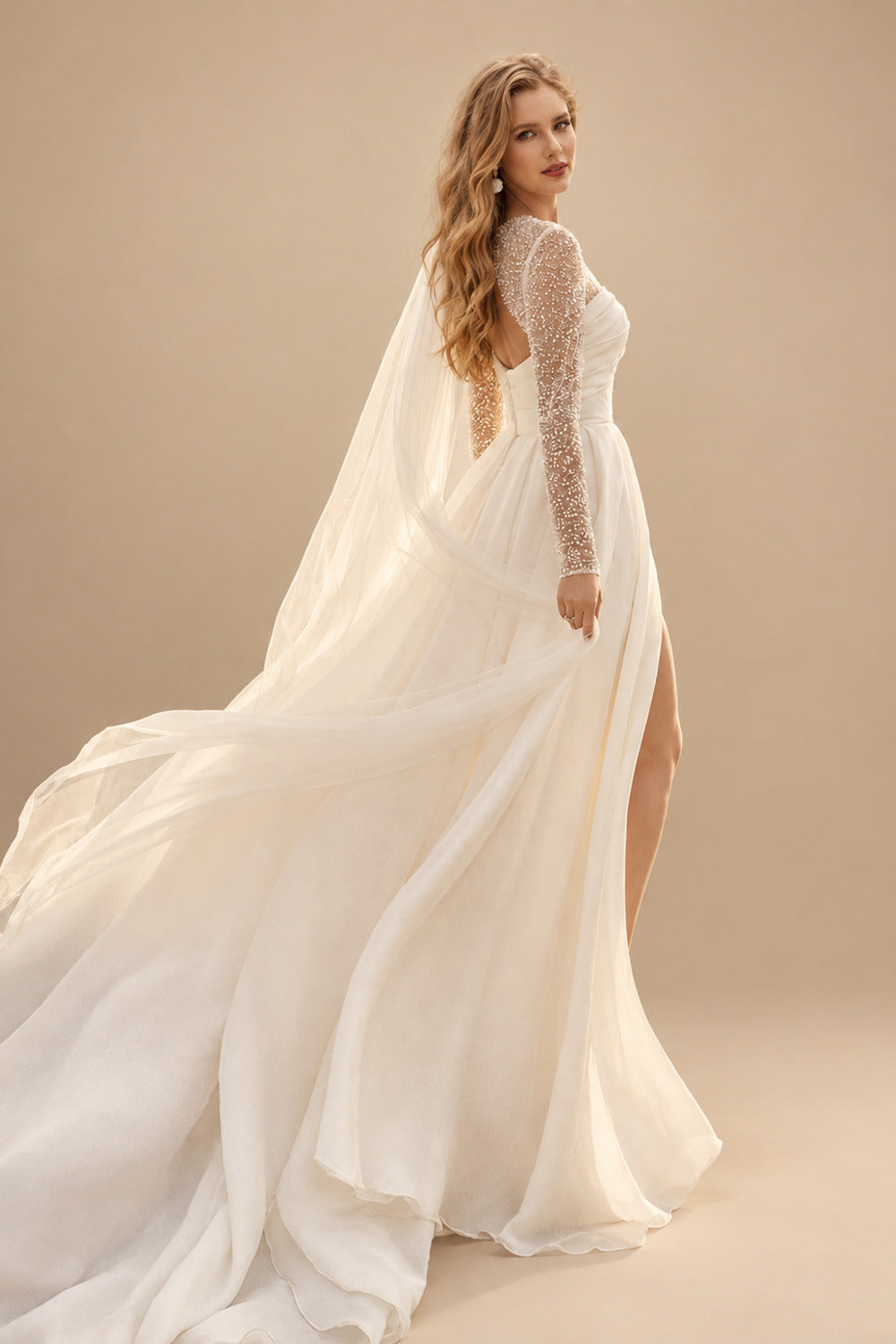 Rutipo Ivory Ball-Gown Square Neckline Long Sleeves Chiffon Wedding Dresses With High Split