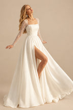 Rutipo Ivory Ball-Gown Square Neckline Long Sleeves Chiffon Wedding Dresses With High Split