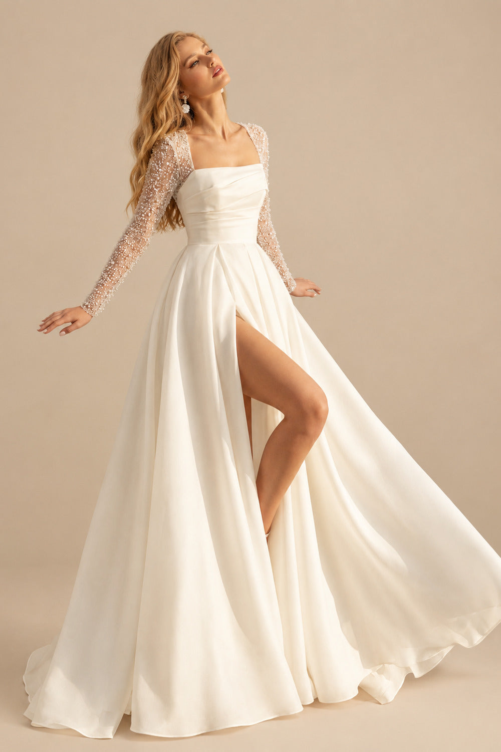 Rutipo Ivory Ball-Gown Square Neckline Long Sleeves Chiffon Wedding Dresses With High Split
