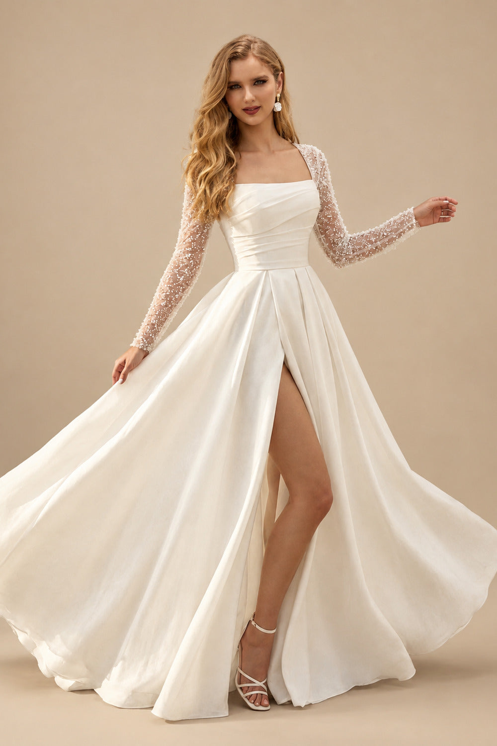 Rutipo Ivory Ball-Gown Square Neckline Long Sleeves Chiffon Wedding Dresses With High Split