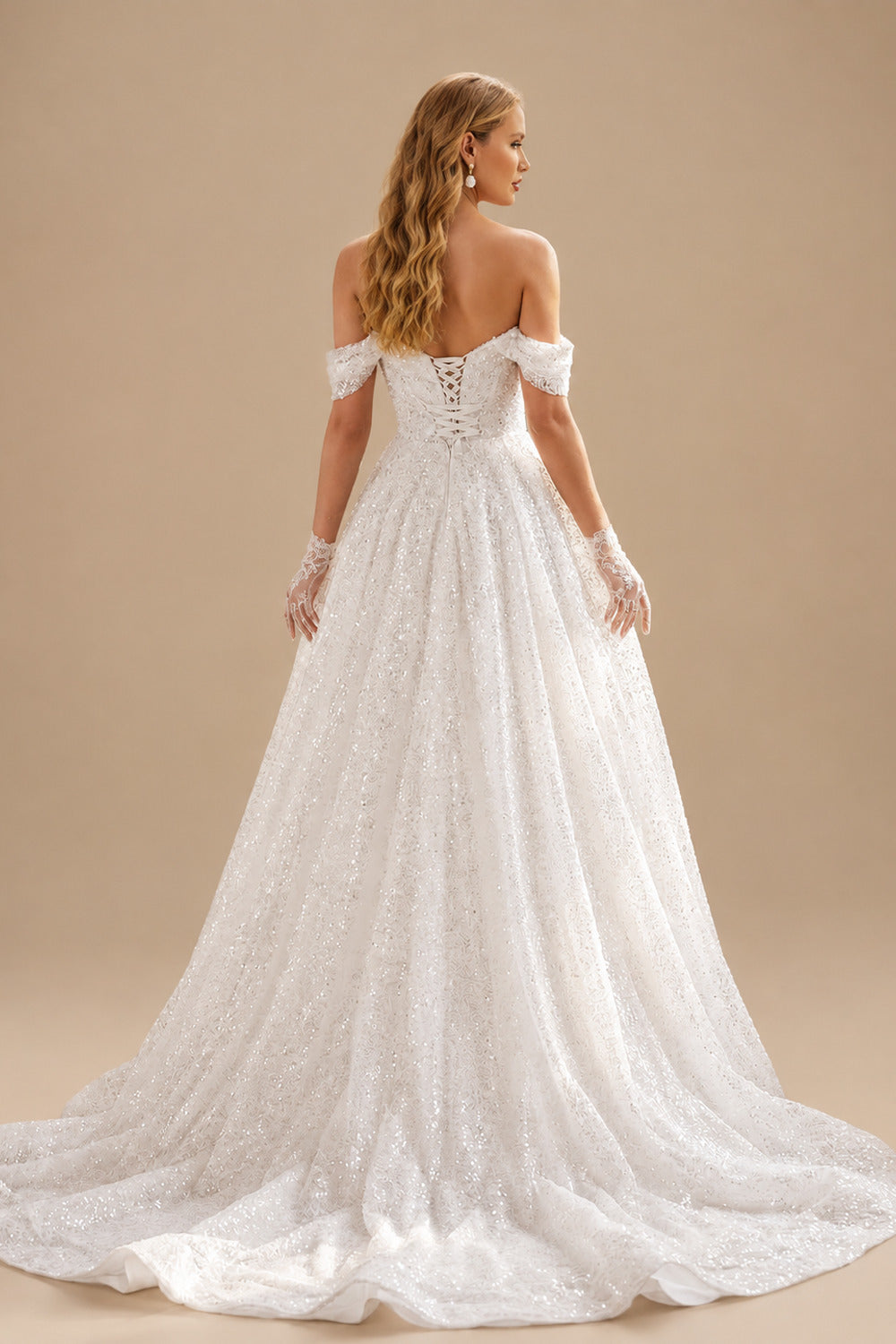 Rutipo White Ball-Gown Off-The-Shoulder Sleeveless Sweep Train Sequined Wedding Dresses