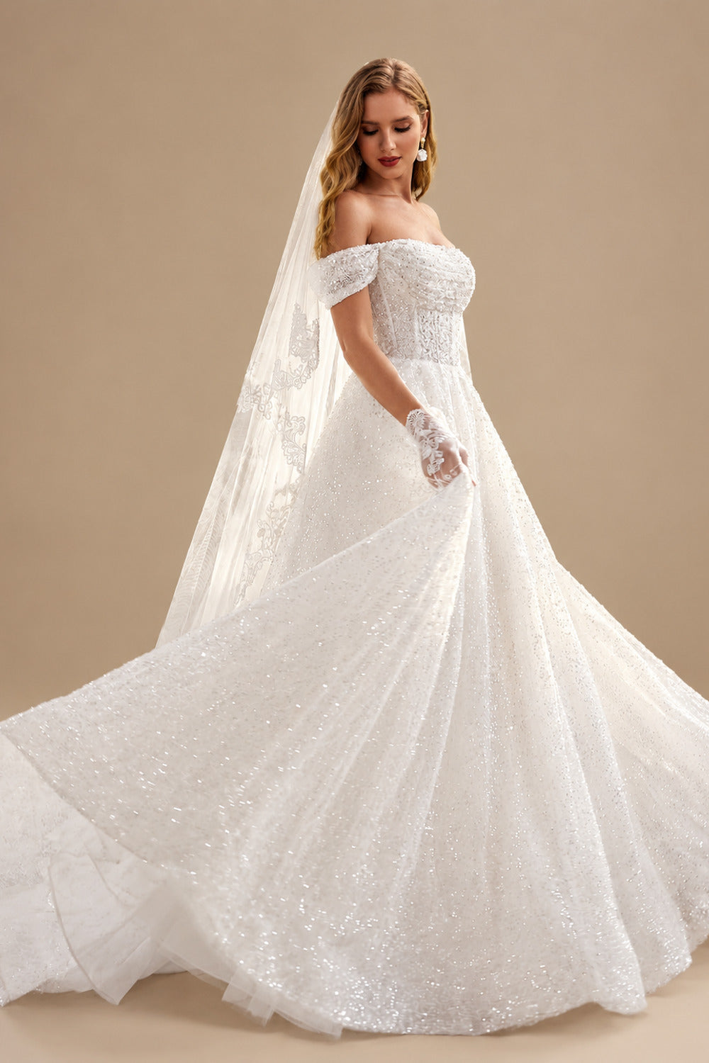 Rutipo White Ball-Gown Off-The-Shoulder Sleeveless Sweep Train Sequined Wedding Dresses
