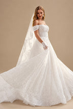 Rutipo White Ball-Gown Off-The-Shoulder Sleeveless Sweep Train Sequined Wedding Dresses