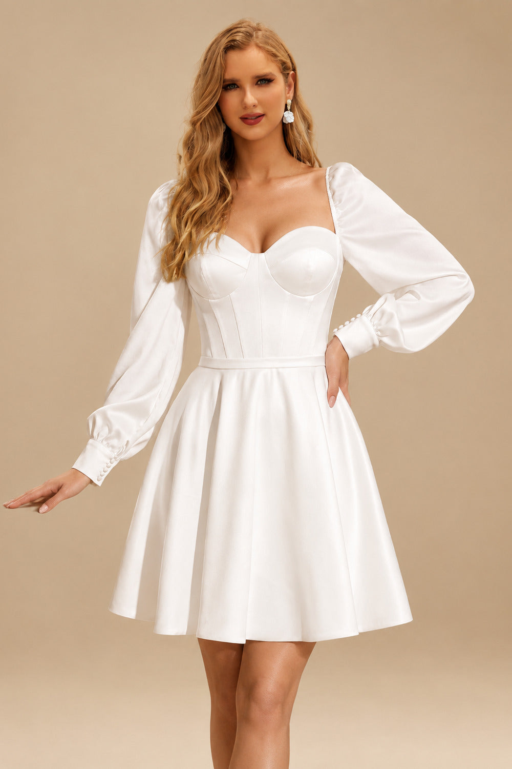 Rutipo White A-Line Sweetheart Long Sleeves Knee-Length Satin Wedding Dresses