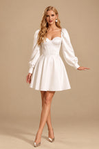 Rutipo White A-Line Sweetheart Long Sleeves Knee-Length Satin Wedding Dresses