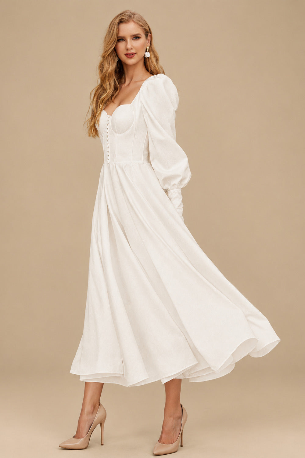 Rutipo Ivory A-Line Square Neckline Long Sleeves Ankle-Length Satin Wedding Dresses With Bow(s)