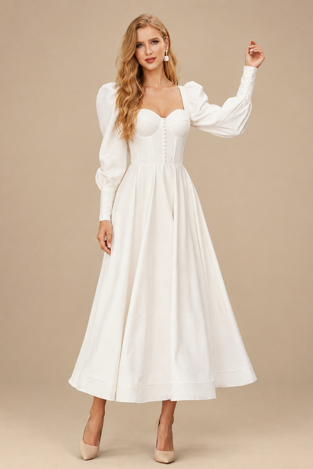 Rutipo Ivory A-Line Square Neckline Long Sleeves Ankle-Length Satin Wedding Dresses With Bow(s)