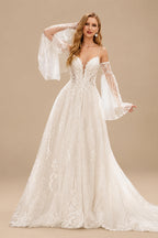 Rutipo Ivory A-Line Sweetheart Court Train Wedding Dresses With Appliques Lace