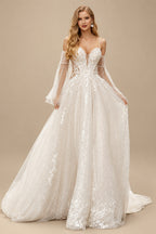 Rutipo Ivory A-Line Sweetheart Court Train Wedding Dresses With Appliques Lace