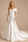 Rutipo Ivory Trumpet/Mermaid Off-The-Shoulder Sleeveless Satin Wedding Dresses With Bow(s)